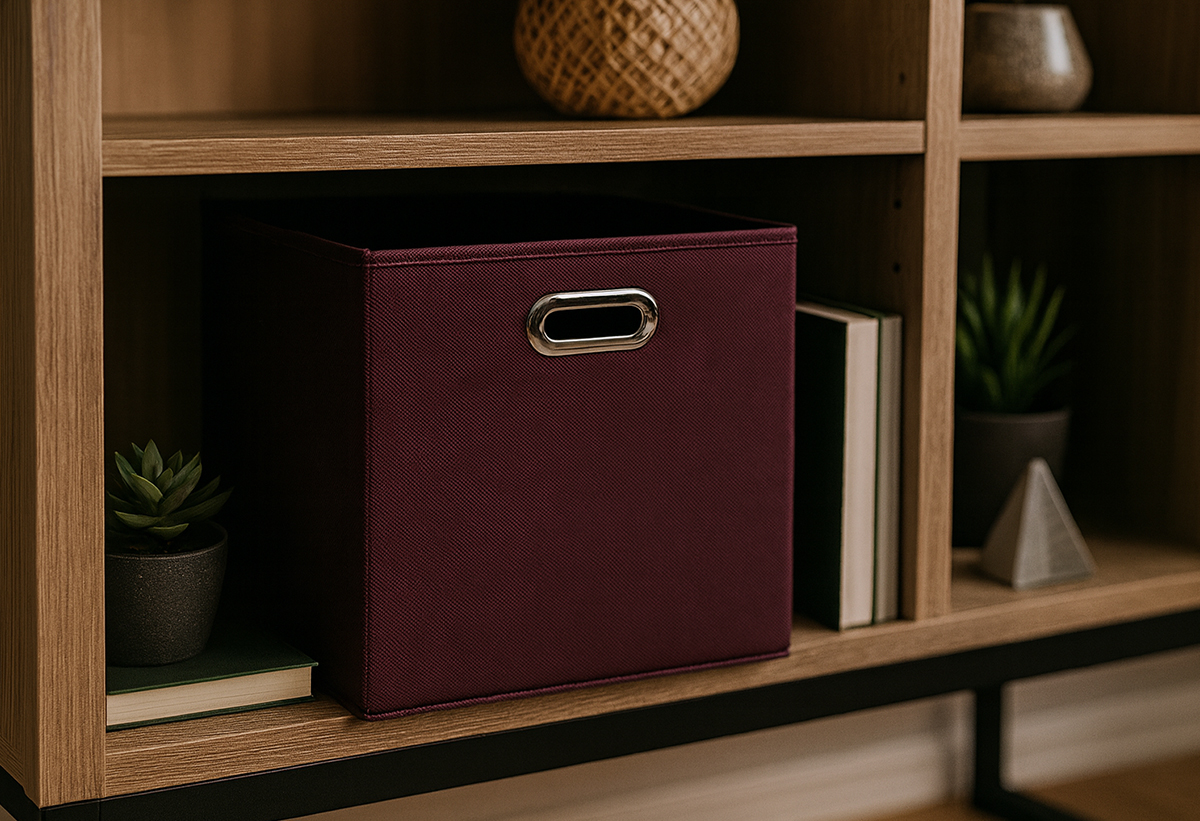 Απεικονίζεται το κουτί αποθήκευσης στε ένα ράφιο βιβλιοθήκης.